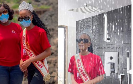 Left: Miss Uganda CEO Brendah Nanyonjo with Miss Uganda Natasha Nyonyozi (image credit: @NatashaNyonyozi/X). Right: Photoshopped image of Natasha Nyonyozi [Credit: @BradleyCarl256)