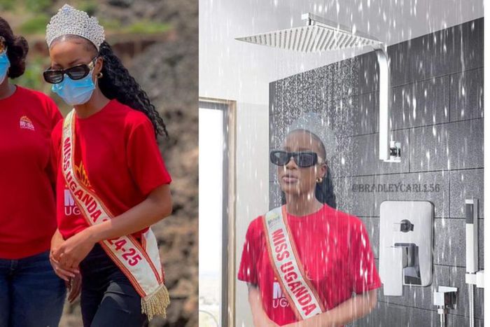 Left: Miss Uganda CEO Brendah Nanyonjo with Miss Uganda Natasha Nyonyozi (image credit: @NatashaNyonyozi/X). Right: Photoshopped image of Natasha Nyonyozi [Credit: @BradleyCarl256)