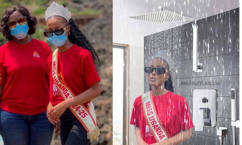 Left: Miss Uganda CEO Brendah Nanyonjo with Miss Uganda Natasha Nyonyozi (image credit: @NatashaNyonyozi/X). Right: Photoshopped image of Natasha Nyonyozi [Credit: @BradleyCarl256)