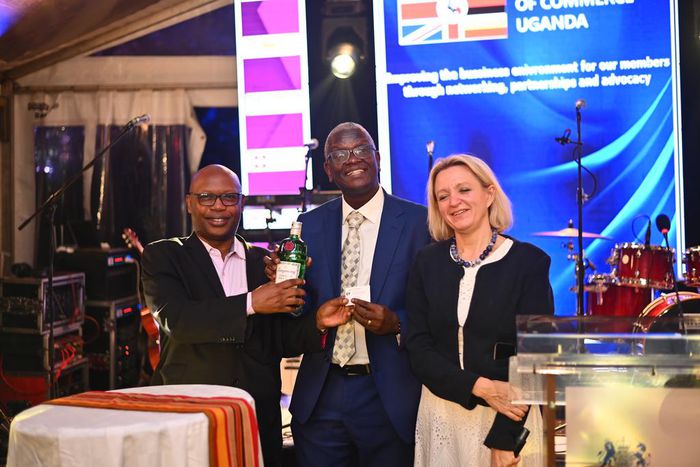 (L-R) Allan Mugisha the Executive Director Ernst and Young, Andrew Kilonzo the Uganda Breweries Managing Director and the British High Commissioner Kate Airey at the launch of the British Chamber of Commerce Uganda