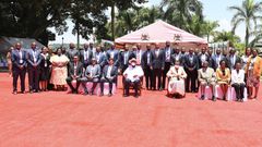 H.E President Yoweri Kaguta Museveni (4th Left)and the 1st lady Mama Janet Kataha Museveni(5th left) posed for a group photo with the delegates at the Uganda Development Summit held on 1st to 2nd Sept at Speke Resor