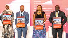 L-R: Dr. Aminah Zawedde, PS, Ministry of ICT, Godfrey  Kabbyanga, Minister of State for ICT; Angela Wamola, Head of Africa – GSMA; and George William Nyombi Thembo, Executive Director – UCC, at the launch of the Africa Digital Report in Kampala