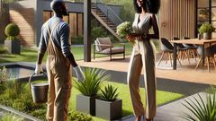An AI-generated scene set in a modern house in Kenya features a black woman admiring her gardener.