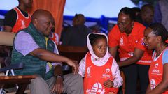 Kabaka Ronald Muwenda Mutebi greets children of Prince David Wasajja before flagging off the 12 Kabaka birthday run at Lubiri in Mengo