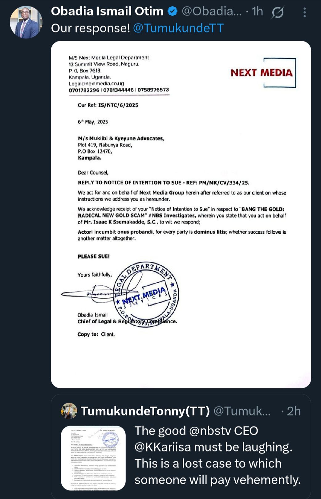 Next Media responds to Ssemakadde’s lawsuit with defiant ‘please sue'