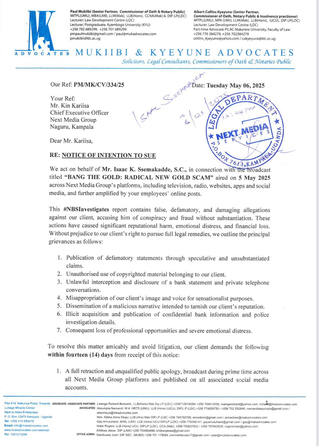 Next Media responds to Ssemakadde’s lawsuit with defiant ‘please sue'