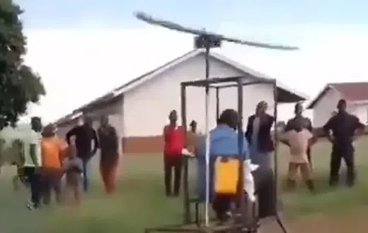 Social media has erupted with laughter and admiration after a video emerged of a man attempting to fly his self-built helicopter.