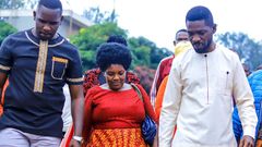 Bobi Wine and LOP Joel Ssenyonyi with Eddy Mutwe's mother Jane Natumbwe at Masaka Central Prison