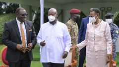 President Yoweri Museveni, his wife Janet with Chris Rwakasisi on Wednesday