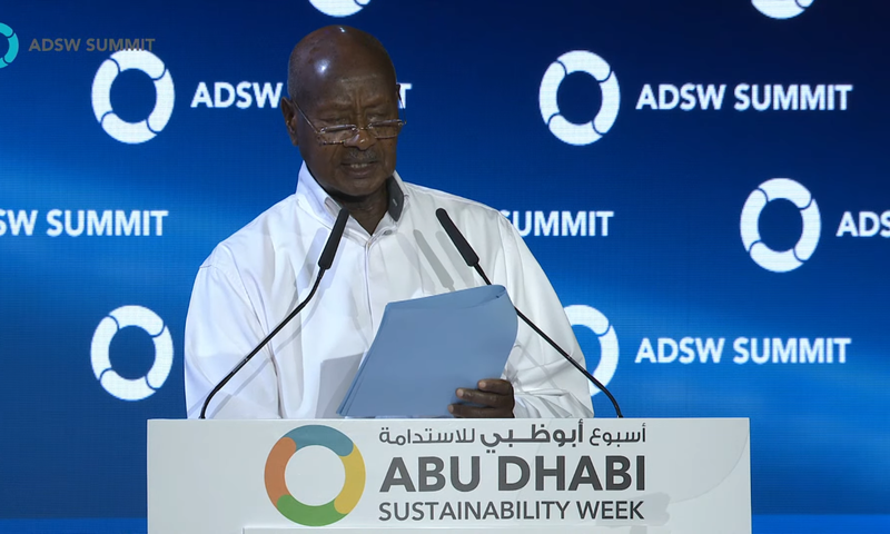 President Yoweri Museveni speaking at the Abu Dhabi Sustainability Week 2025. 