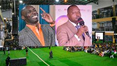 A collage of Pastors Kakande and Bugingo overlayed on a picture taken inside Kakande's church