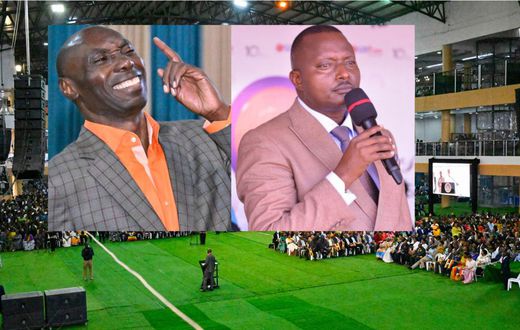 A collage of Pastors Kakande and Bugingo overlayed on a picture taken inside Kakande's church