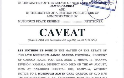 Alwyn, through M/S Abaine-Buregyeya & Co. Advocates, has lodged a caveat to prevent his mother from gaining sole administration rights to the estate.