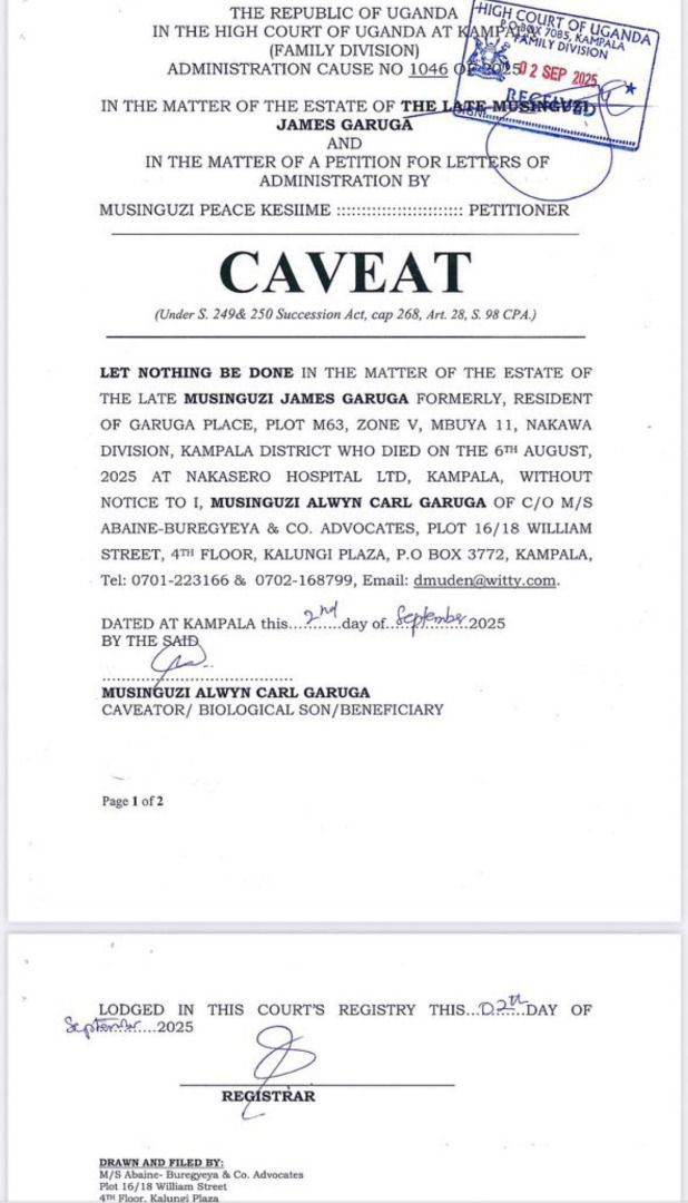 Alwyn, through M/S Abaine-Buregyeya & Co. Advocates, has lodged a caveat to prevent his mother from gaining sole administration rights to the estate.