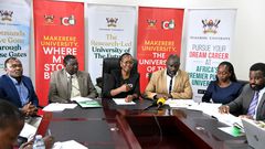 Prof. Sarah Ssali (3rd Left) with Left to Right: Mr. Matthias Ssemanda, Dr. Cyprian Misinde, Prof. Julius Kikooma, Dr. Winifred Kabumbuli, and Prof. Robert Wamala during the press briefing held on 16th October 2025