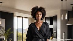 An Ai generated image of a black woman wearing modern fashionable clothes in a modern house( Source Hotpot.ai)