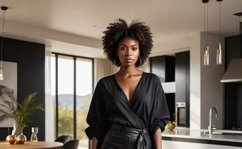 An Ai generated image of a black woman wearing modern fashionable clothes in a modern house( Source Hotpot.ai)