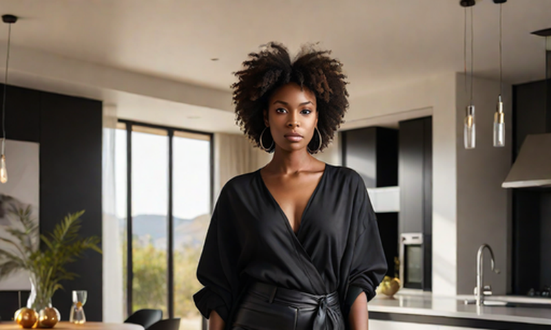 An Ai generated image of a black woman wearing modern fashionable clothes in a modern house( Source Hotpot.ai)