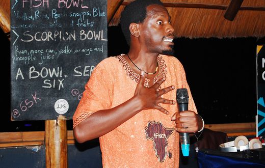 Jason Ntaro performing at Stand-up and Slam in Arena Bar and Grill, Kisimenti, Kampala, 2019