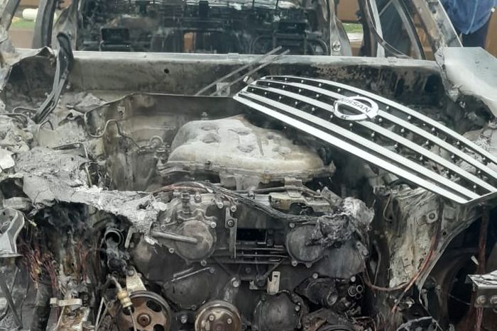 A Nissan, traveling from Bweyogerere to Kireka, collided with the oncoming Toyota Hiace during heavy rainfall.