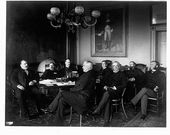Former President Grover Cleveland; Charles S. Fairchild, Secretary of the Treasury; William C. Whitney, Secretary of the Navy; Augustus H. Garland, Attorney General; Thomas F. Bayard, Secretary of State; William C. Endicott, Secretary of War; William F. Vilas, Secretary of the Interior; and Donald M Dickinson, Postmaster General. (Photo by C.M. Bell/Library of Congress/Corbis/VCG via Getty Images)