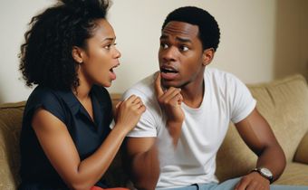 An AI-generated photo of a black couple arguing. They're sitting on a couch