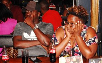 Some of the audience at Stand-up and Slam poetry/comedy event in Arena Bar and restaurant, Kisimenti, Kampala, 2019.