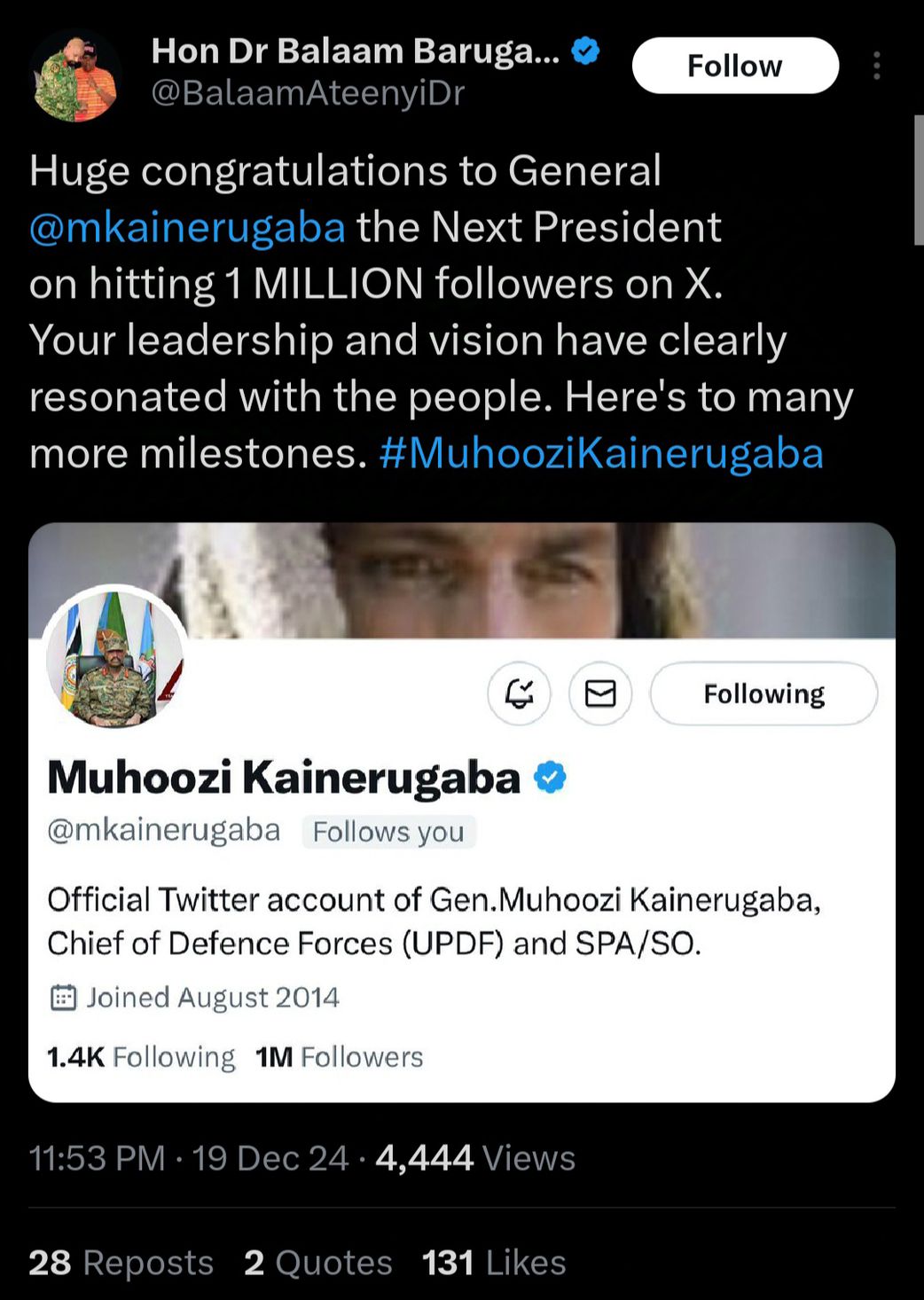 Balaam congratulates Gen. Kainerugaba on 1 million X followers