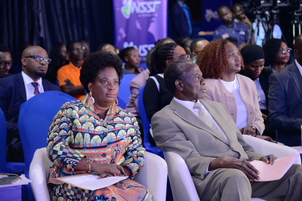 Ministers Betty Amongi and Matia Kasaija at the NSSF Annual meeting