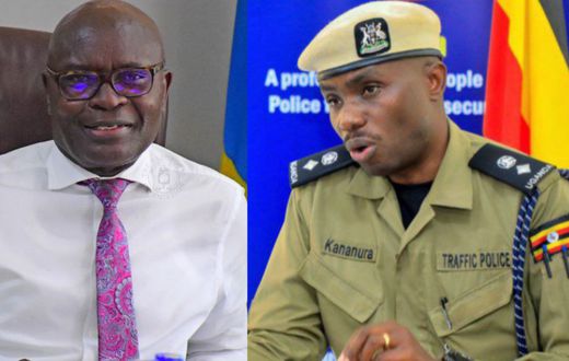 Justice Byabakama Mugenyi Simon, Chairperson of the Electoral Commission, and SCP Kananura Michael, PRO Directorate of Traffic and Road Safety