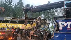 The wreckage of the buses that collided along Kampala-Gulu highway in Kiryandongo District on October 22, 2025.