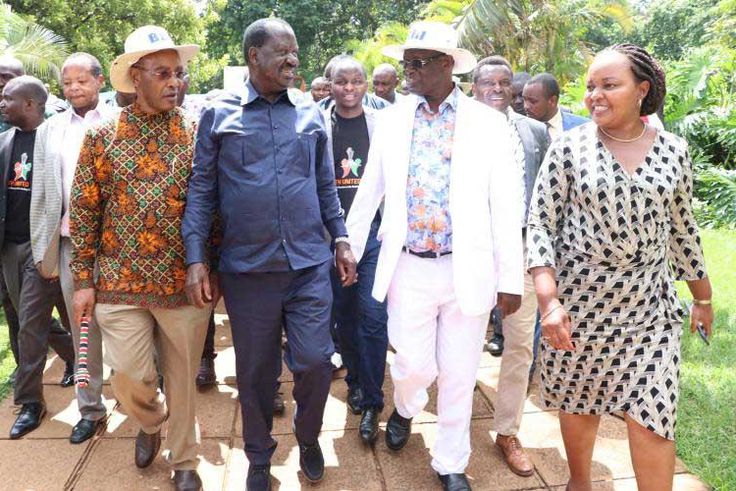 Nyandarua Governor Francis Kimemia, ODM party leader Raila Odinga, Meru Governor Kiraitu Murungi and Kirinyaga's Ann Waiguru during the BBI consultative meeting in Meru