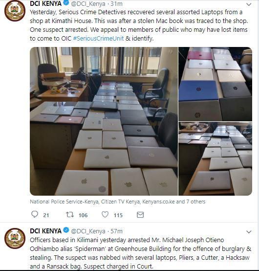 DCI arrest Nairobi's notorious criminal Spiderman, recover several stolen laptops from shop at Kimathi house