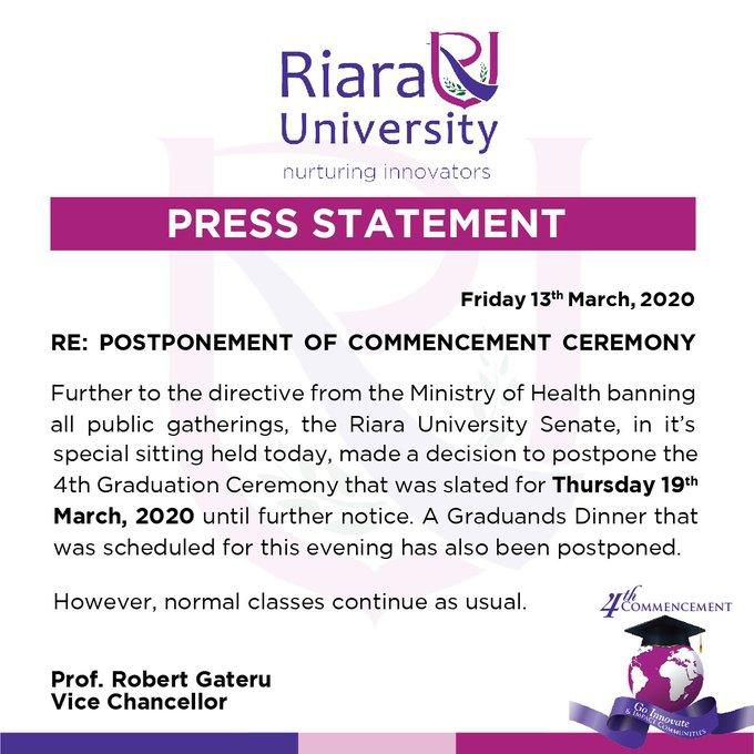 Riara University cancels graduation