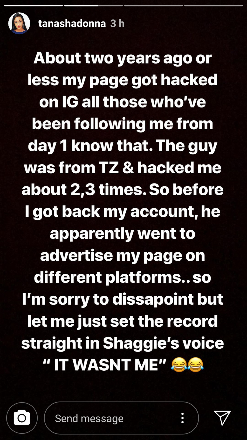 Tanasha's reply (Instagram)