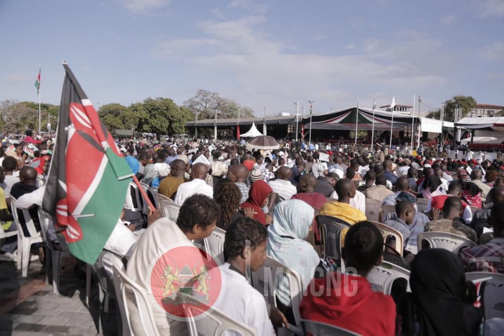 Thousands gather for Mashujaa Day celebrations where President Uhuru Kenyatta and , Raila Odinga are set to make history by presiding over a military ocean parade conducted by Kenya navy