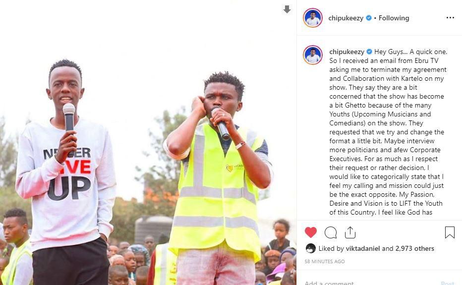 Chipukeezy forced to terminate his show on Ebru TV after being asked to drop Kartelo.