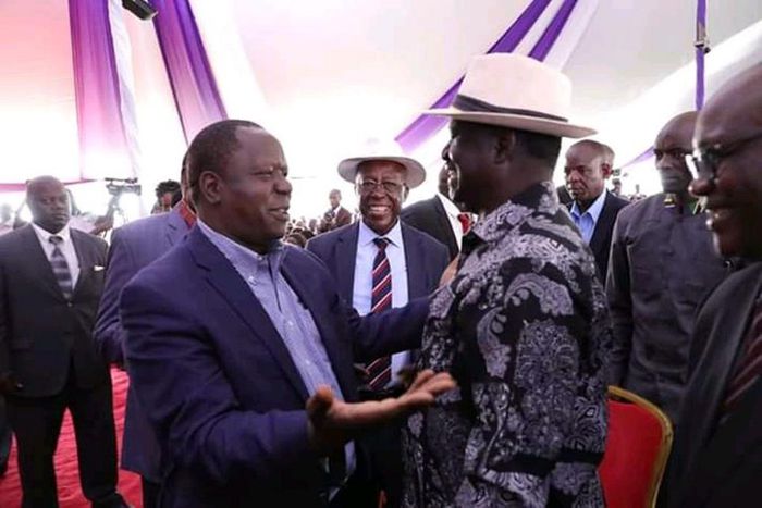 Interior Cabinet Secretary Dr Fred Matiangi having a chat with ODM leader Raila Odinga at a past event