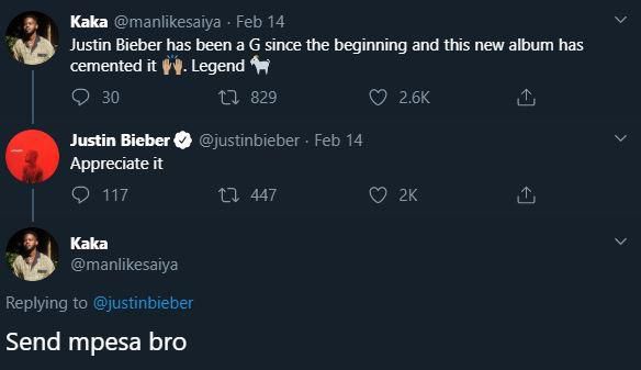 Kenyan fan asks Justin Bieber to send him money after he responded to his tweet