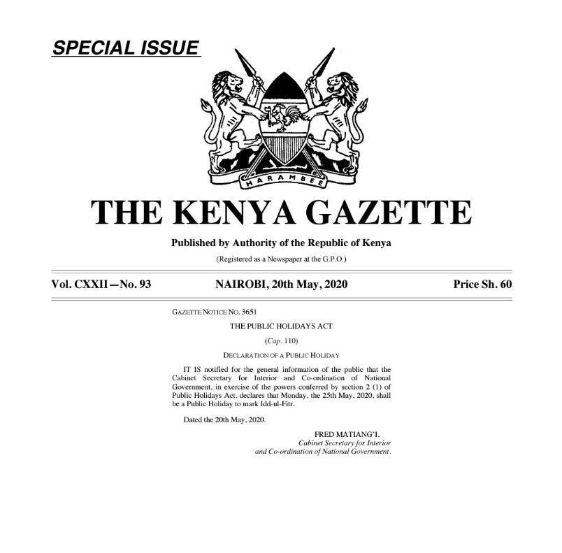 Monday declared a public holiday