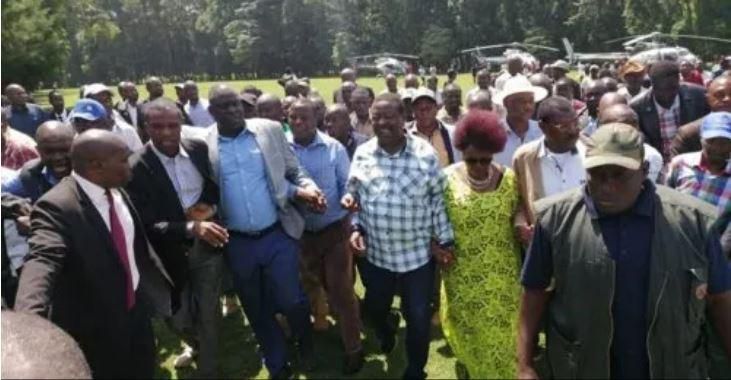 Musalia Mudavadi and Moses Wetangula flanked by other leaders at Bukhungu stadium