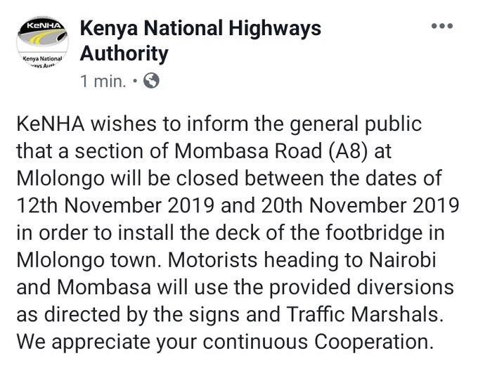 Statement by Kenha on closure of Mombasa Road