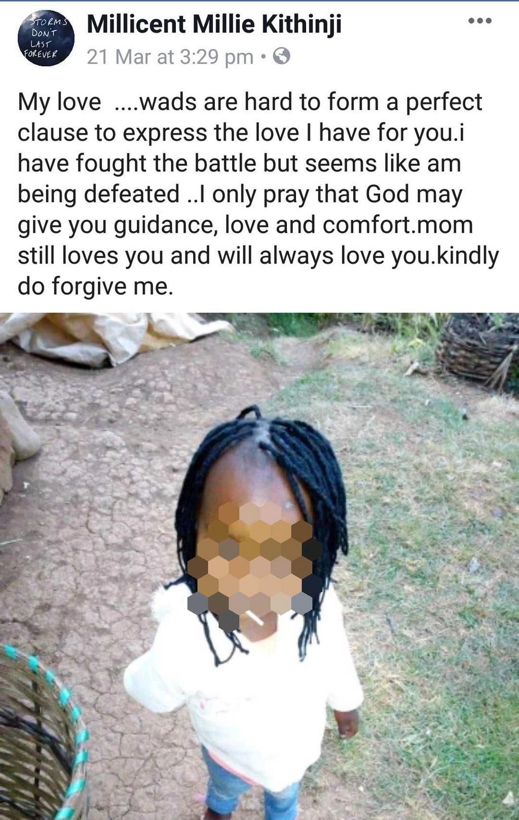 Millicent's post to daughter (Facebook)