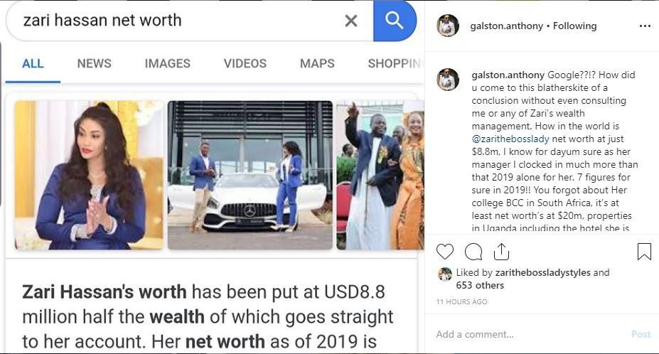 Zari Hassan’s Manager Galston Anthon goes after Google after publishing her net worth