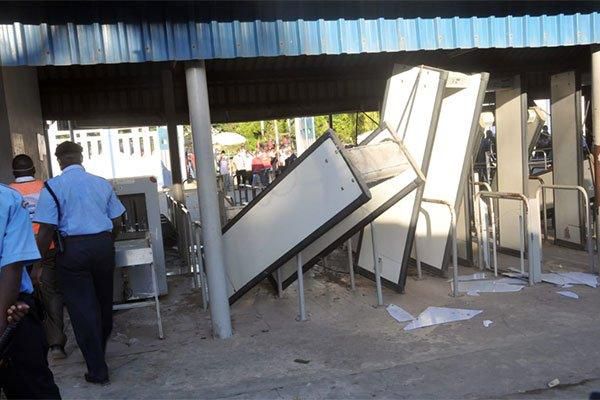 Vandalized booths at the Likoni Channel. Kenyans forced to stand 1 metre apart on ferry, waiting bay at Likoni after stampede