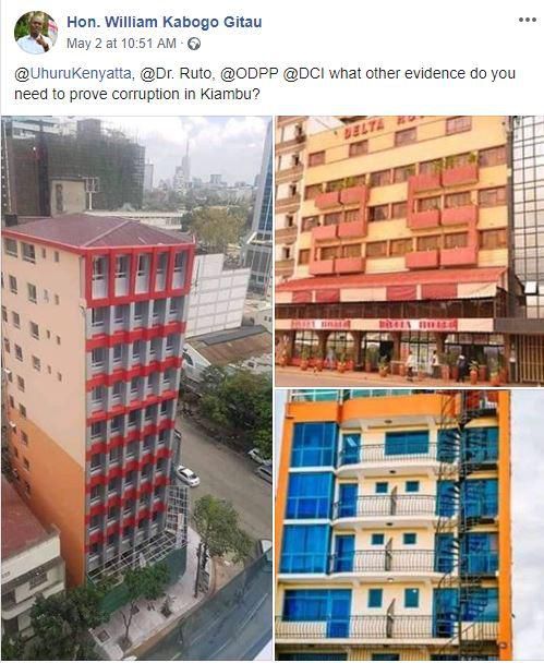Kabogo's post alleging corruption in Kiambu and showing some of the buildings reportedly owned by Waititu