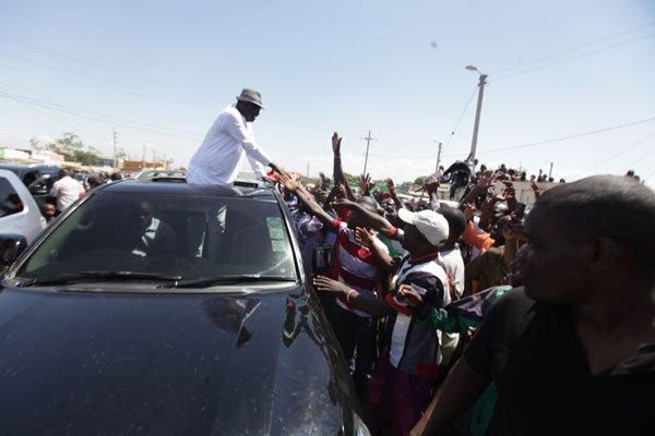 ODM leader Raila Odinga addresses the crowd at Sondu market on Saturday 20 April 2019