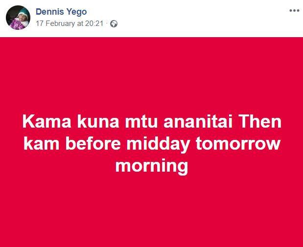 Dennis Yego posted RIP to me on Facebook and committed suicide over marital issues