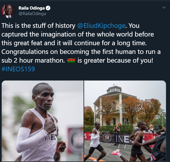 Uhuru, Raila and DP Ruto react to Eliud Kipchoge’s spectacular performance at the INEOS challenge [