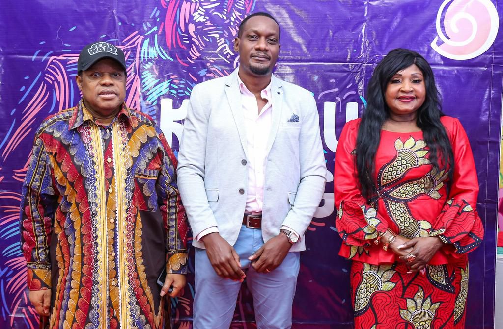 (L-R) Kanda Mbogo Man, Antony Shasu, Trade execution Manager Kenya Breweries Limited and Mbilia Bel during the 28th edition of Koroga Festival press briefing at the Bomas of Kenya.